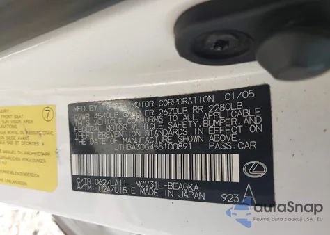 2005 Lexus Es 330 из США, поврежденный, VIN JTHBA30G455100891